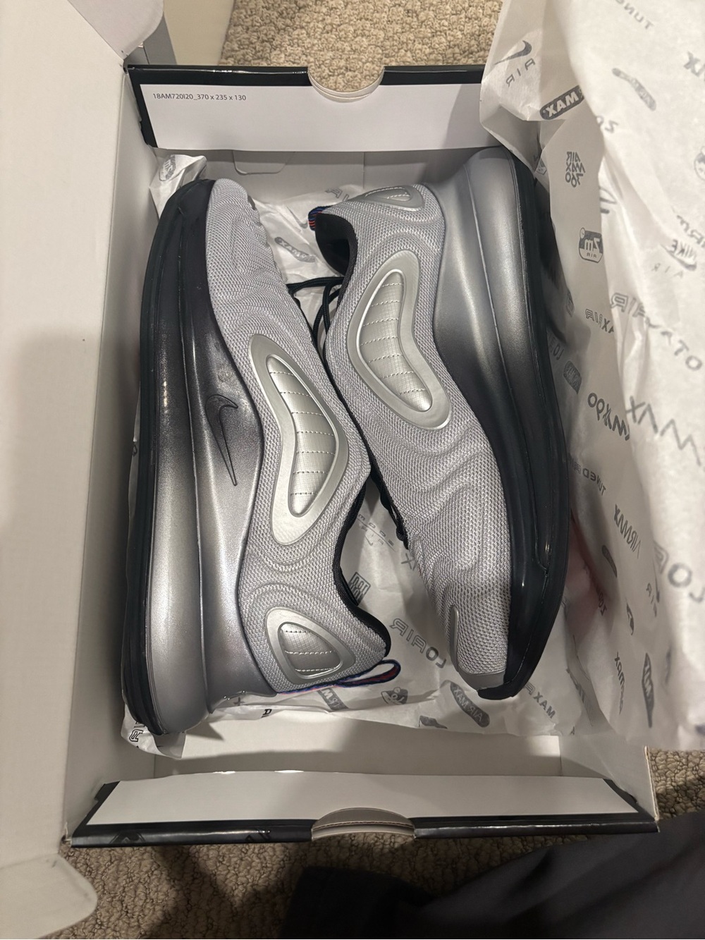 Nike Metallic Silver/Off Noir Air Max 720 Box Label